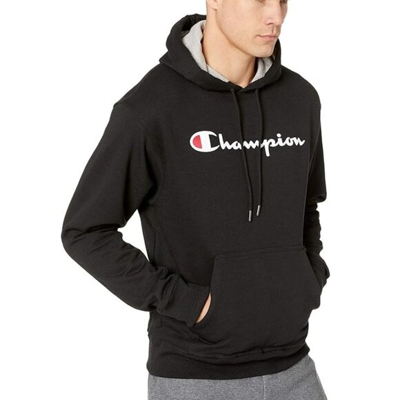 Champion Men's Black Powerblend  Script Graphic Pullover Drawstring Hoodie - Picture 1 of 13